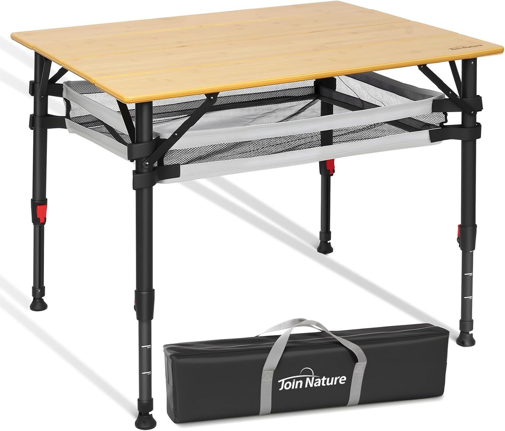 Bamboo Camping Table, Adjustable Height Folding Outdoor Table with Aluminum Fram