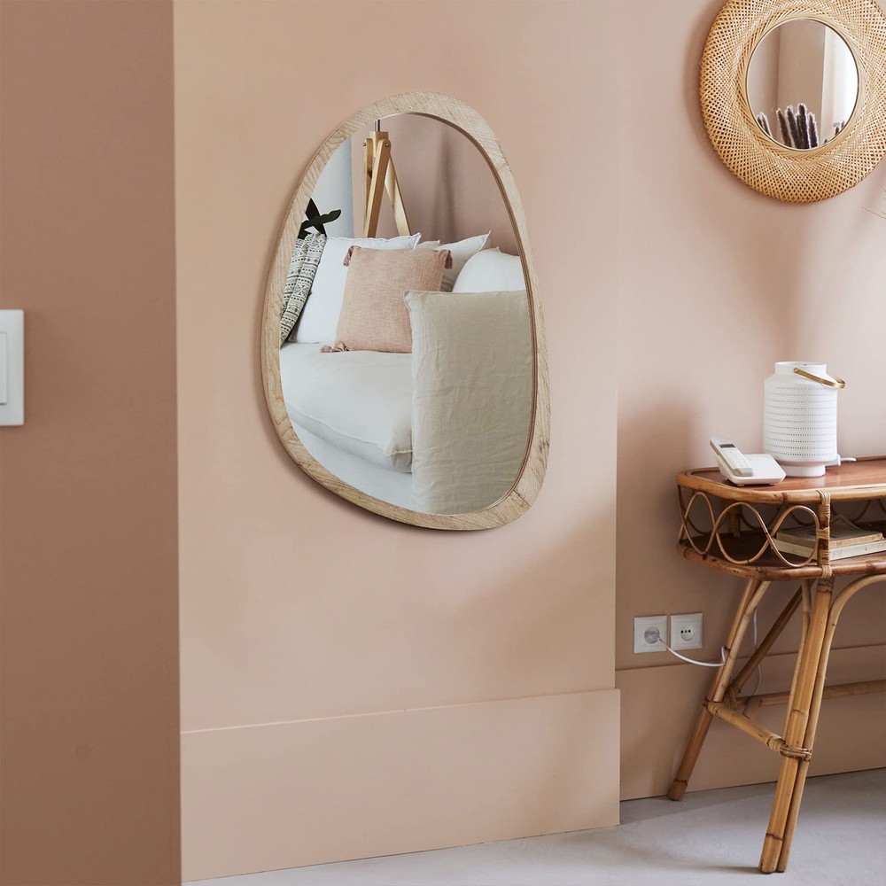 Irregular Mirror for Decor,Wood Frame Asymmetrical Wall-Mounted Mirror, Large...