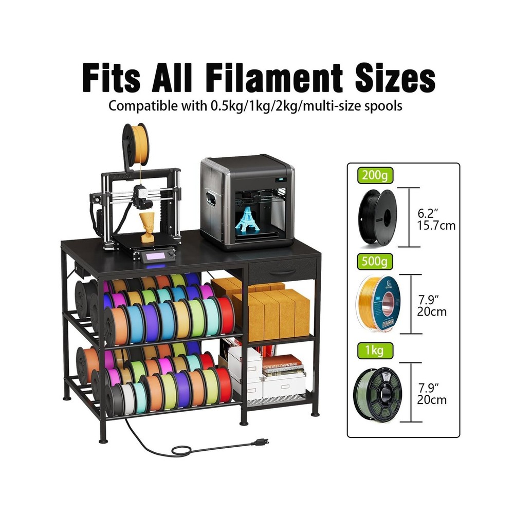 3D Printer Table with Filament Storage, 3-Tier 3D Printer Stand with Power Ou...