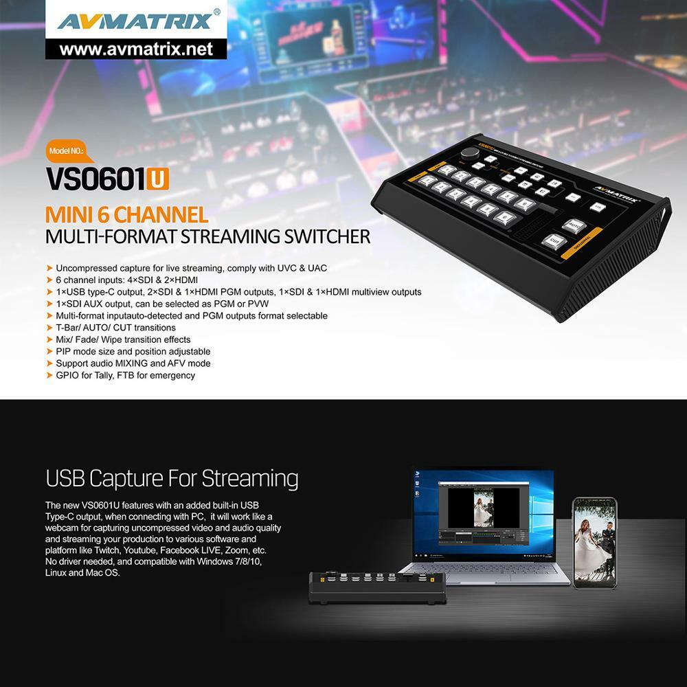 AVMATRIX VS0601U Mini 6 Channel Multi-Format Streaming Switcher 1×USB type-C Out