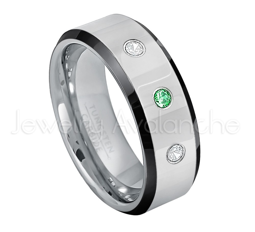 Tungsten Ring, 0.21ctw Tsavorite & Diamond 3-Stone Ring, January Birthstone #218