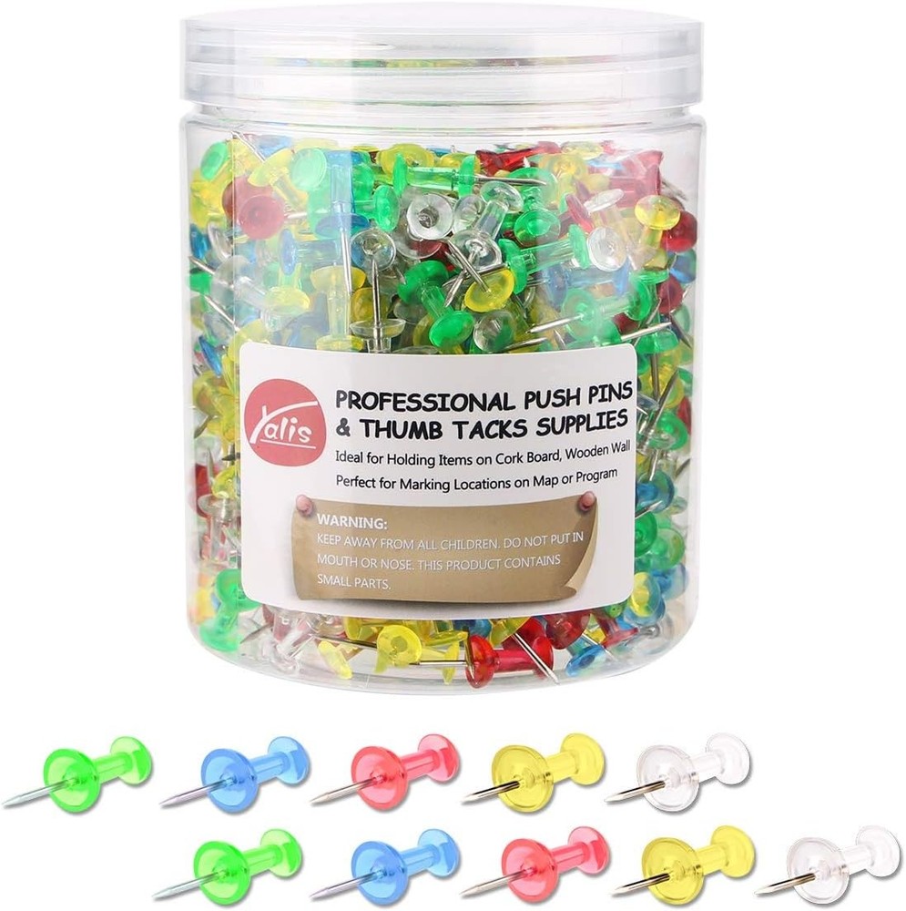Yalis Push Pins 600 Count Clear Multicolored, Standard Thumb -Clear Multi-Colour