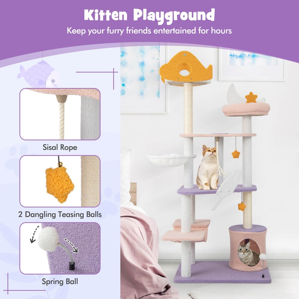 Cat Tree Cats Multi-level Cat Tower w/ Sisal Covered Scratching Posts, Hammock