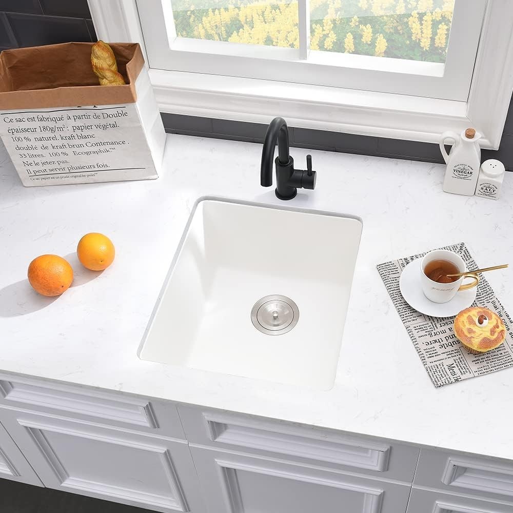 Undermount Kitchen Bar Sink 15x17 White Quartz Composite + Fitted Cutting Board