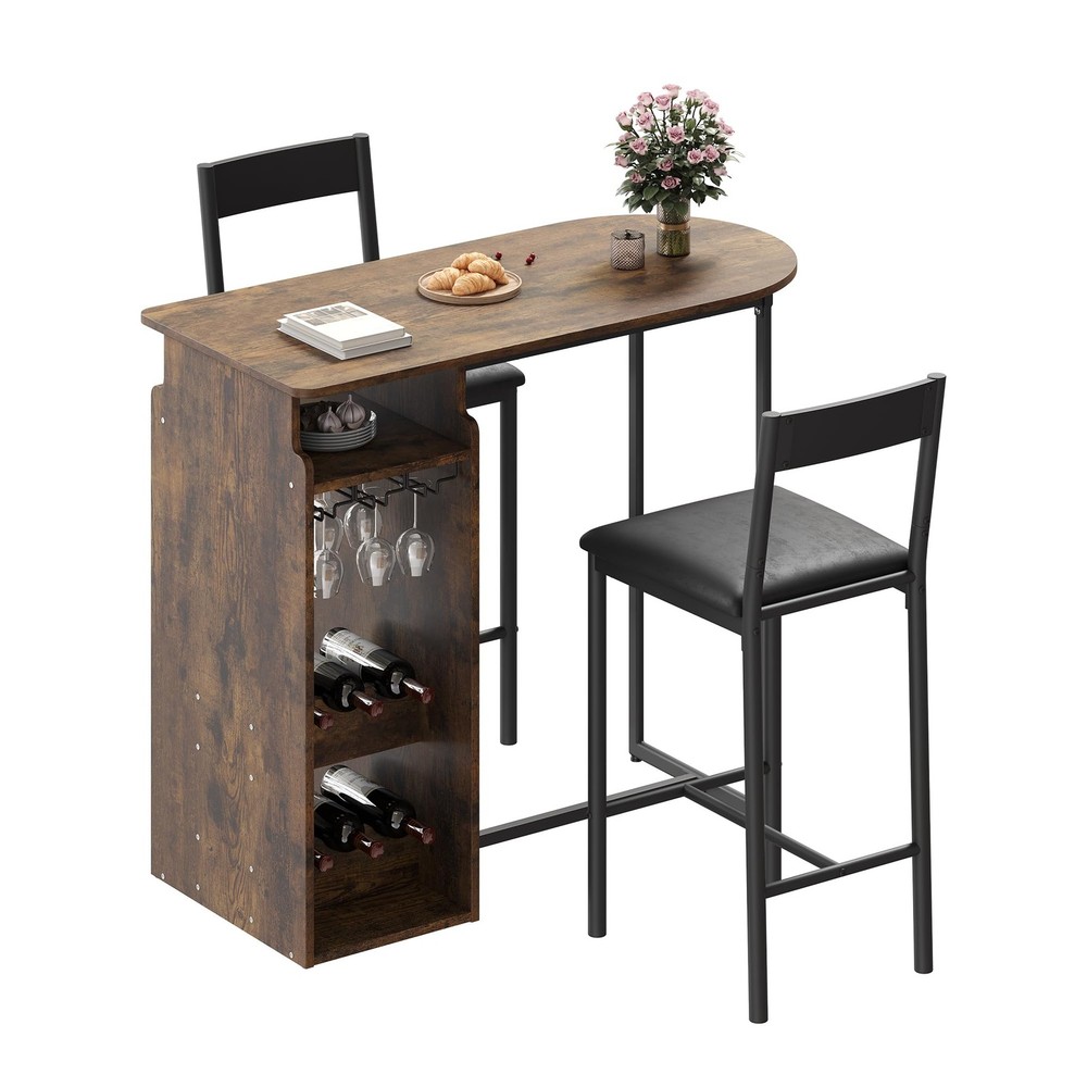 Rustic Bar Table Set with Triple-Level Wine Rack, Padded Stools, Stemware Hanger