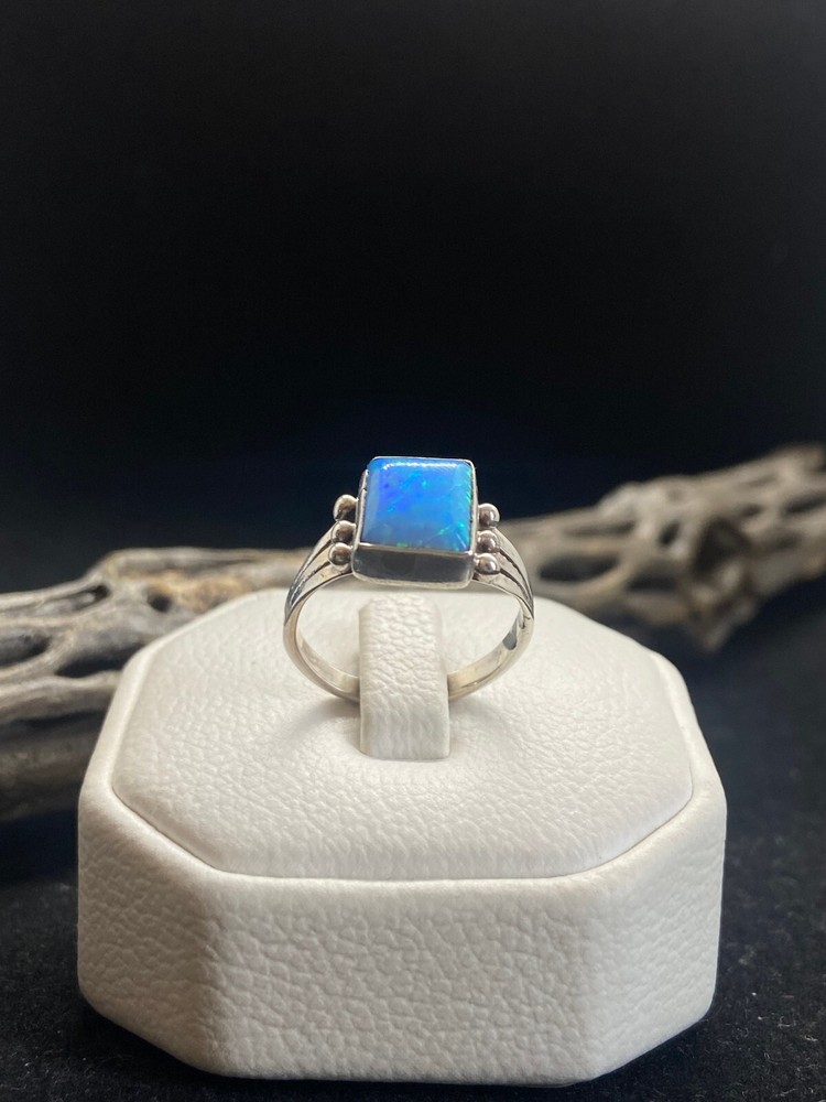 Native American Navajo square blue fire opal Sterling Silver Ring Size 7
