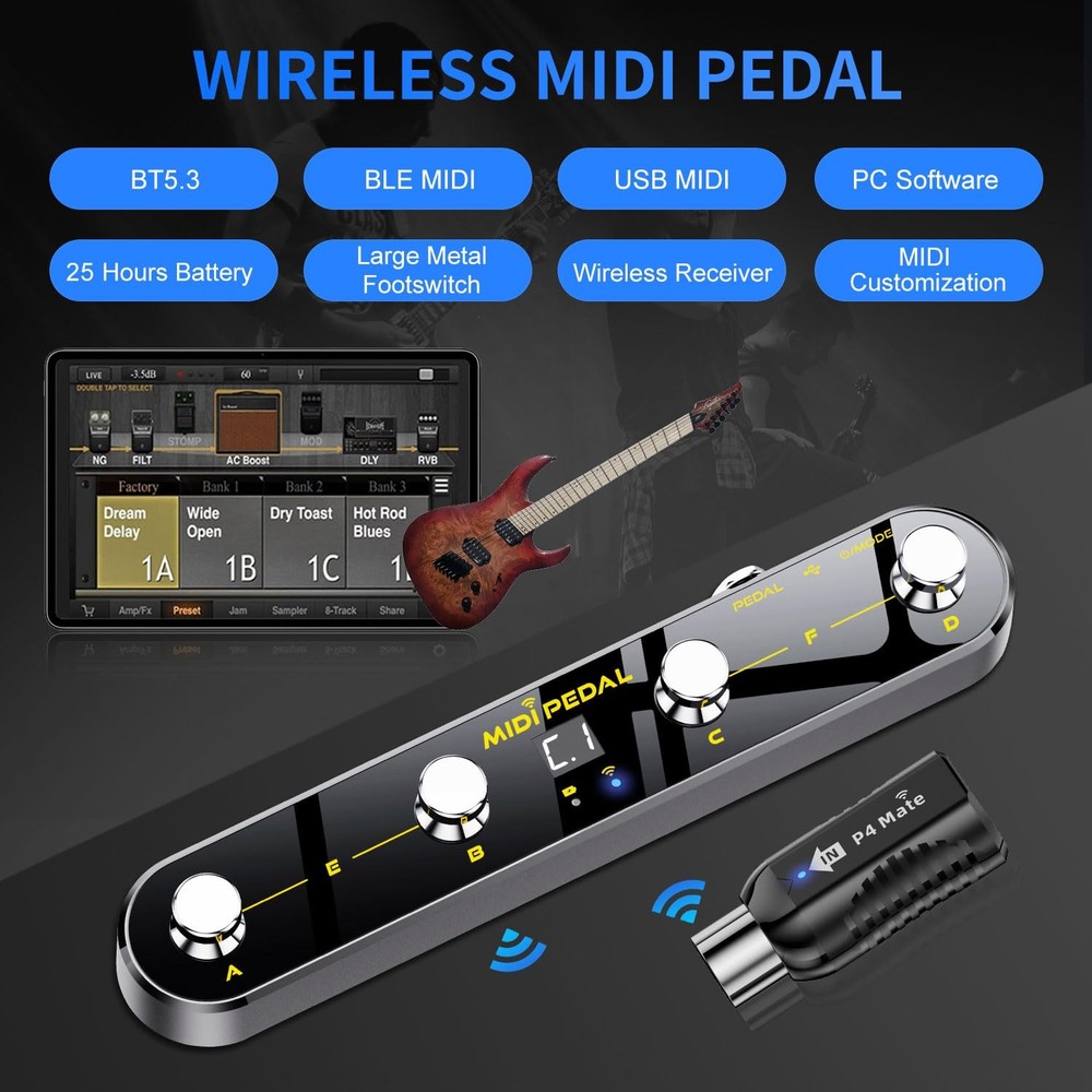 Wireless MIDI Foot Controller Pedal with Mate MIDI Receiver, 4 Customizable