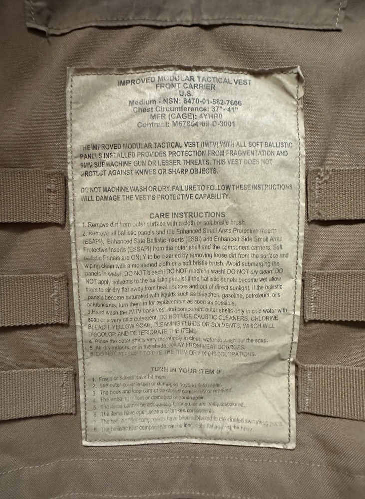 USMC MTV Modular Tactical Vest w/ Soft Inserts Medium Coyote