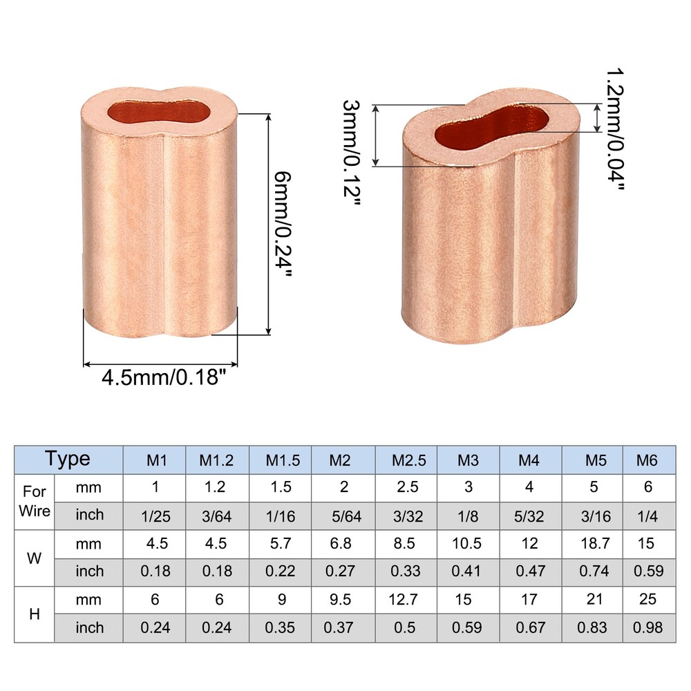 100Pcs M1.2(3/64") Copper Crimping Loop Sleeve Rope Loop Sleeve Cable Crimps