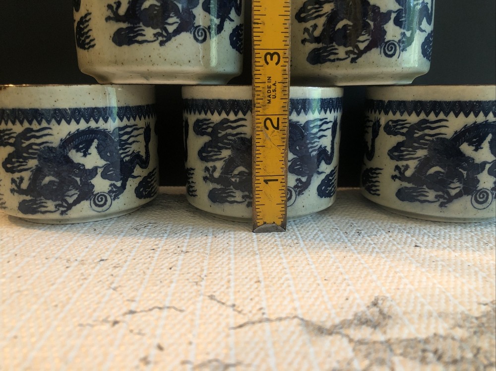 (5) Asian Stoneware Blue Dragon Teacups