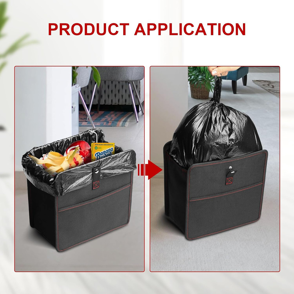 Foldable Car Trash Can with Storage Pockets, Car Garbage Can with Adjustable Str
