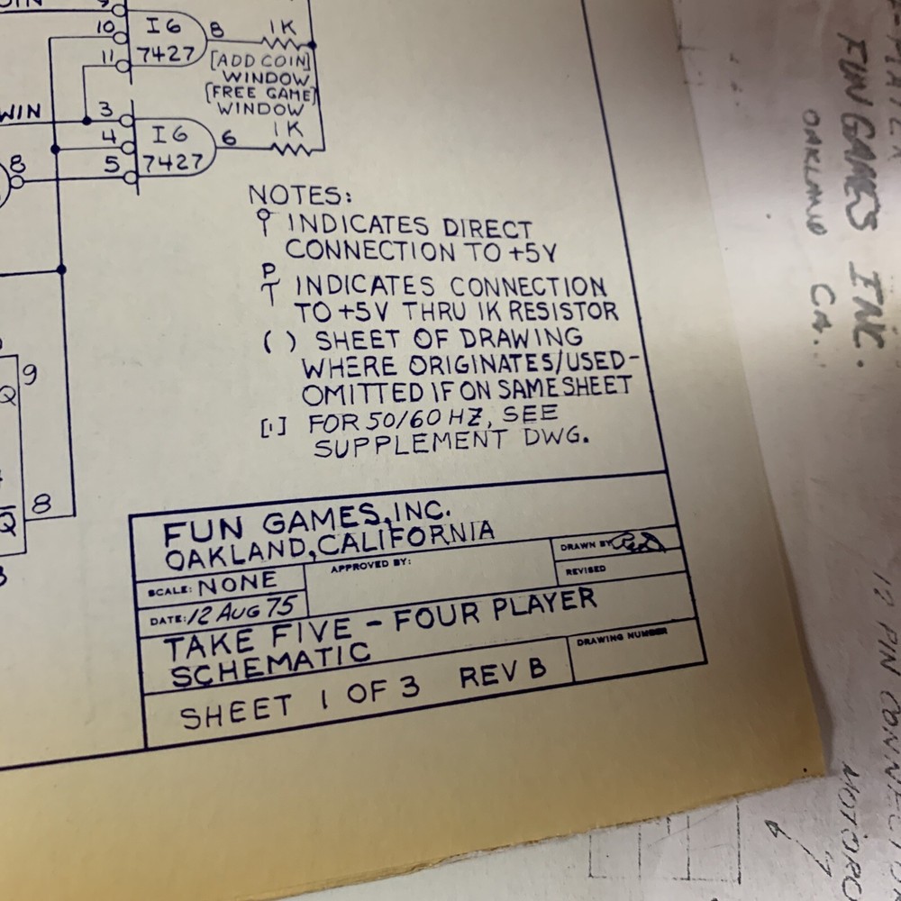 Original Take 5 Fun Games Schematic Only      arcade Video game manual