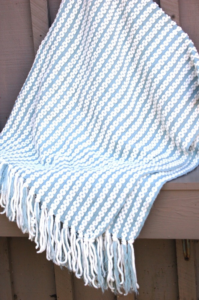 Handmade Afghan Lap Throw Blanket Blue & White 60" x 52"
