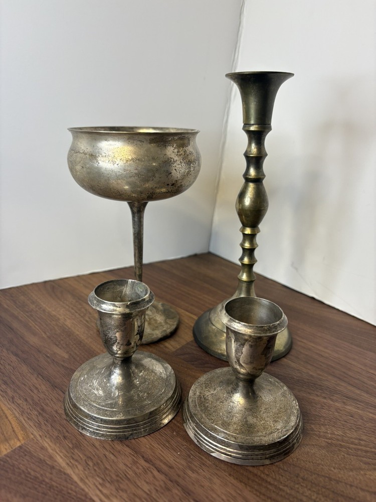 Vintage Brass And Silver Plated Decor- 3 Candlesticks 1 Goblet