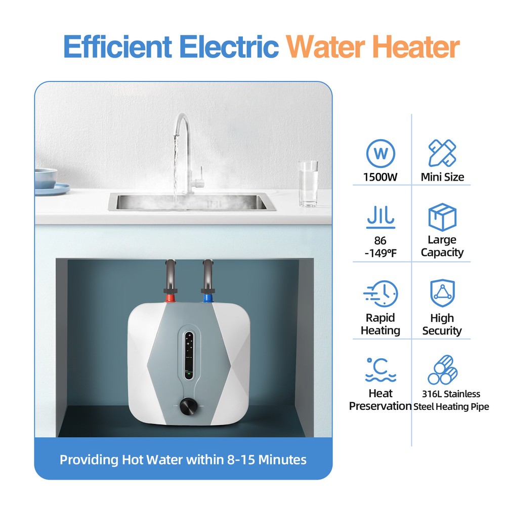 Electric Water Heater Bathroom Kitchen Instant Hot Hot Water Tankless 8L 1500W