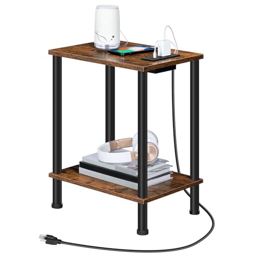 Side Table with Charging Station, End Table with USB 1 Rustic Brown + Black