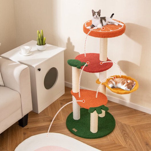 Multi-level Cat Tree Pet Activity Center with Fruit-shaped Platforms-Red and Ora