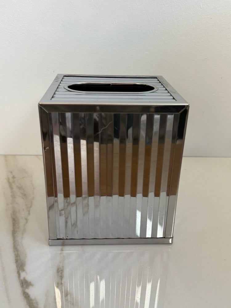 Chrome Tissue  Box Vertical Rubbed Design Modern Art Deco Design Silver Read