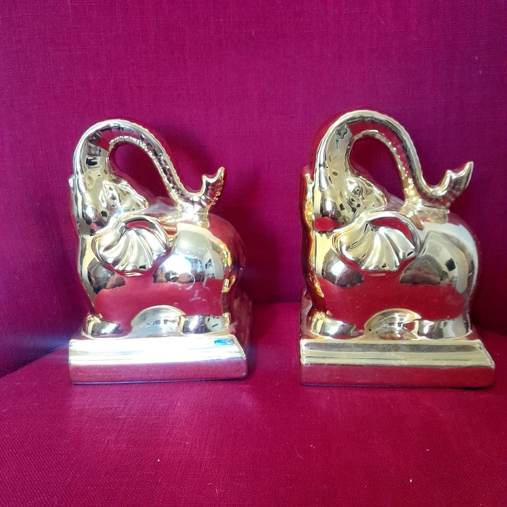 Gold Elephant Bookends Pair Ceramic 7" Tall