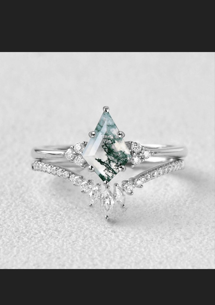 Natural Moss Agate KIte Shape Ring Sterling Silver |Unique Boho Engagement Glft.