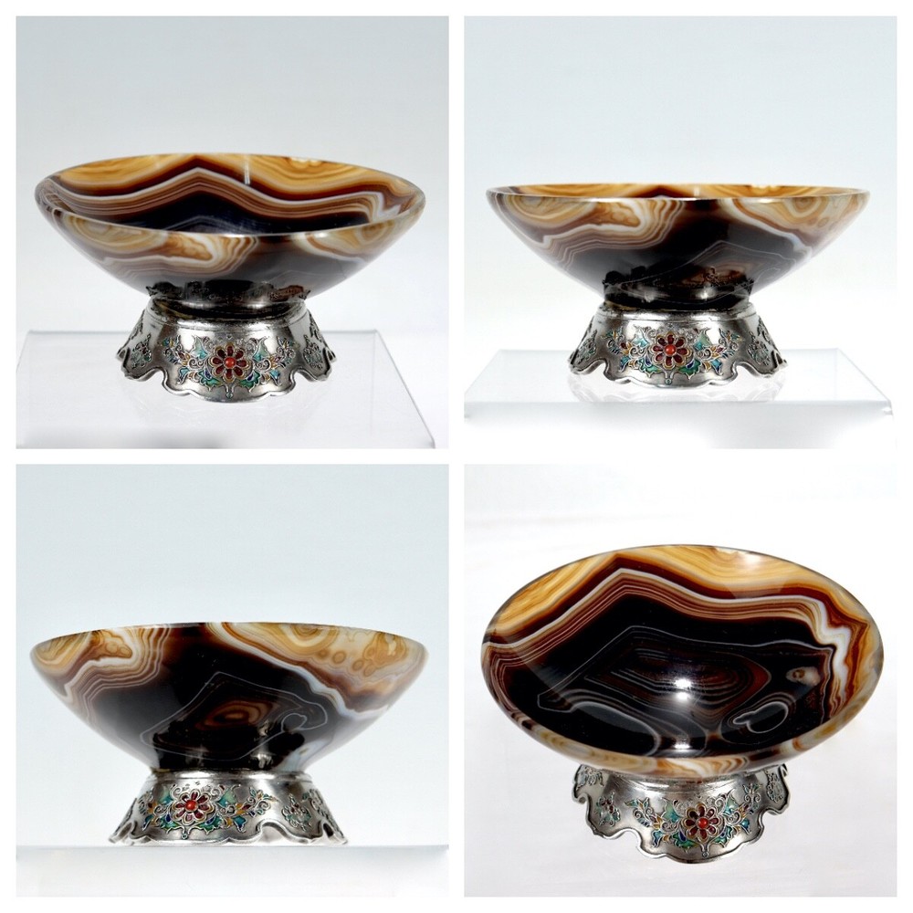 Old or Antique Enameled Austrian Silver & Agate Bowl.