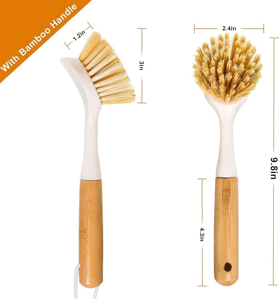 2 Pack Kitchen Dish Brushes with Bamboo Handle, Dish Scrubber Built-in Scraper