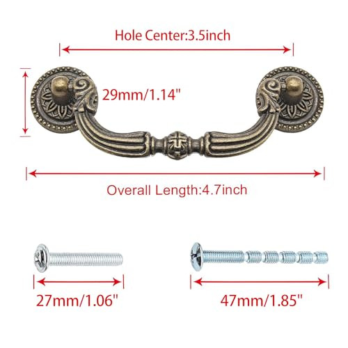 4-Pack French Provincial Drawer Pulls, Antique Brass Cabinet Pulls, Hole