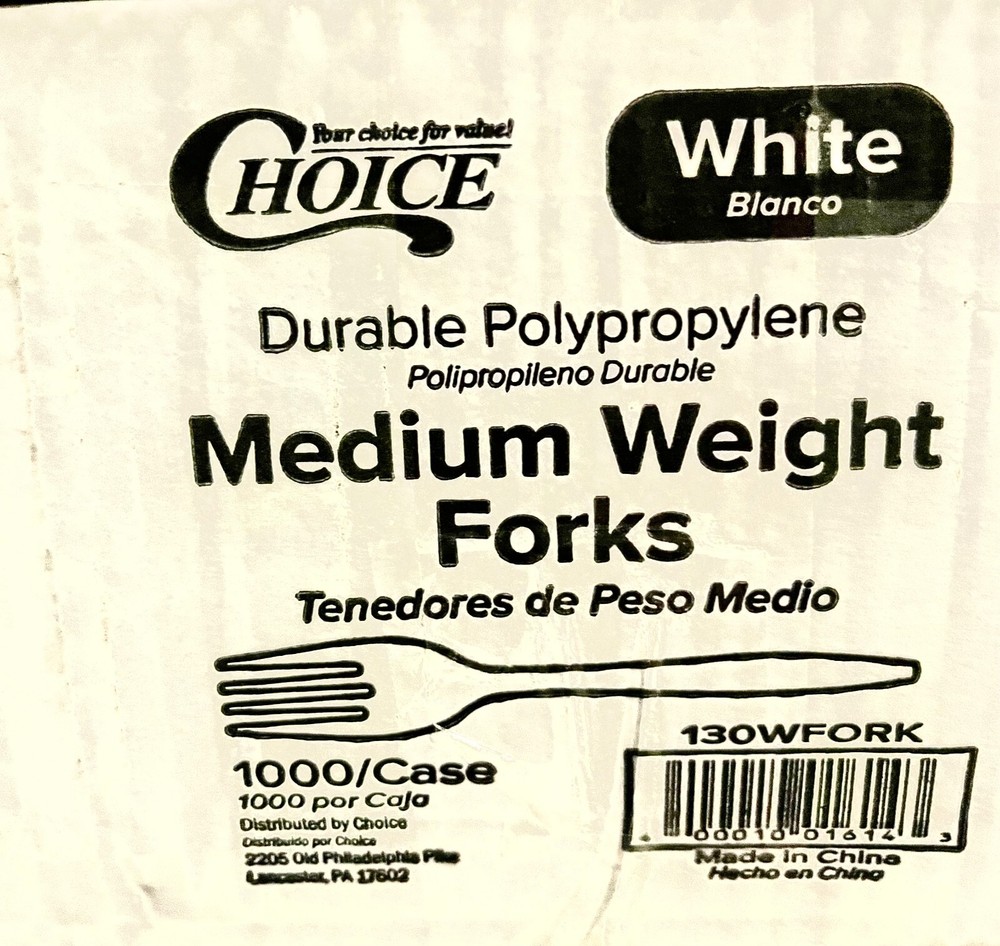 2 cases (1000/cs) Choice Medium Weight White Plastic (Polypropylene) Forks