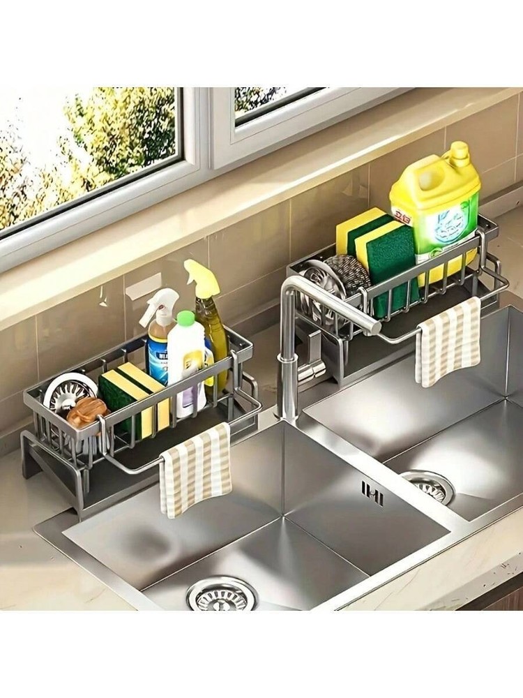 Black Aluminum Kitchen Sink Sponge Organizer Rack with Towel Holder Rust Free