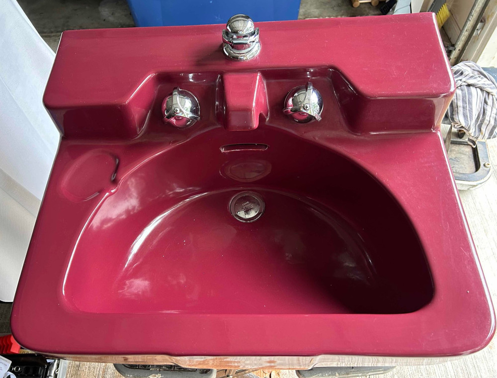1953 Crane Bathroom Sink w. Atomic Chrome Knobs  + Matching Commode