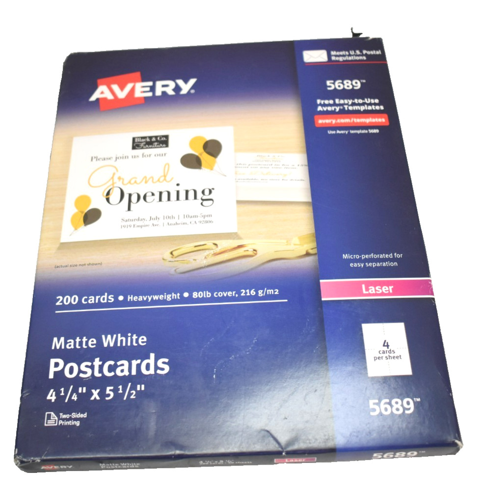 Avery 5689 Postcards Laser Printer 4 1/4" x 5 1/2" White 4/Sheet 50 Sheets 200