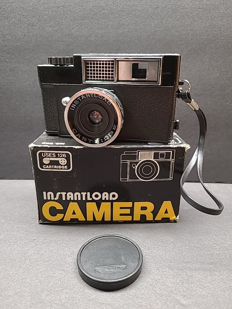 Instaload Vintage Plastic Camera Uses 126 Cartridges Black Strap In Original Box
