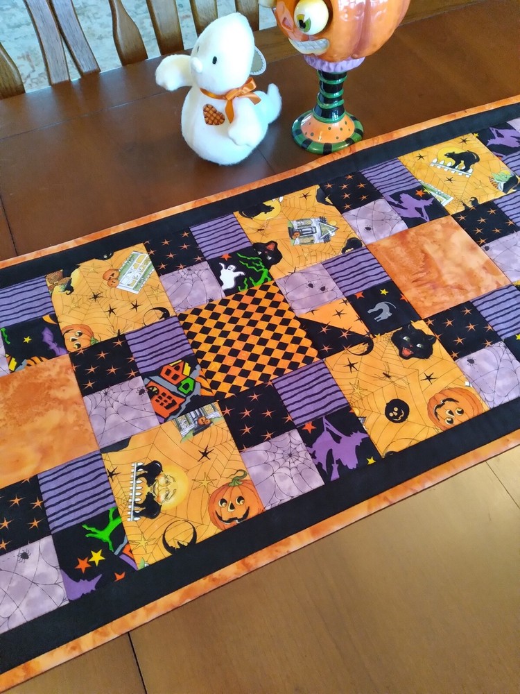 Handmade Quilted Halloween Reversible Table Runner, Table Topper