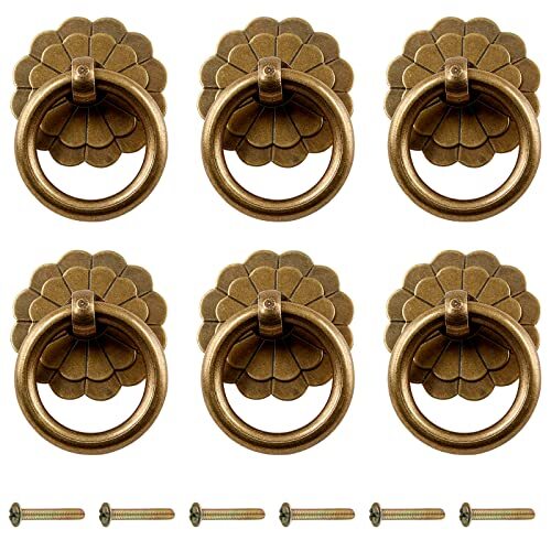 6Pcs Antique Brass Pulls Vintage Cabinet Small Pulls Knobs Handles for Drawer...