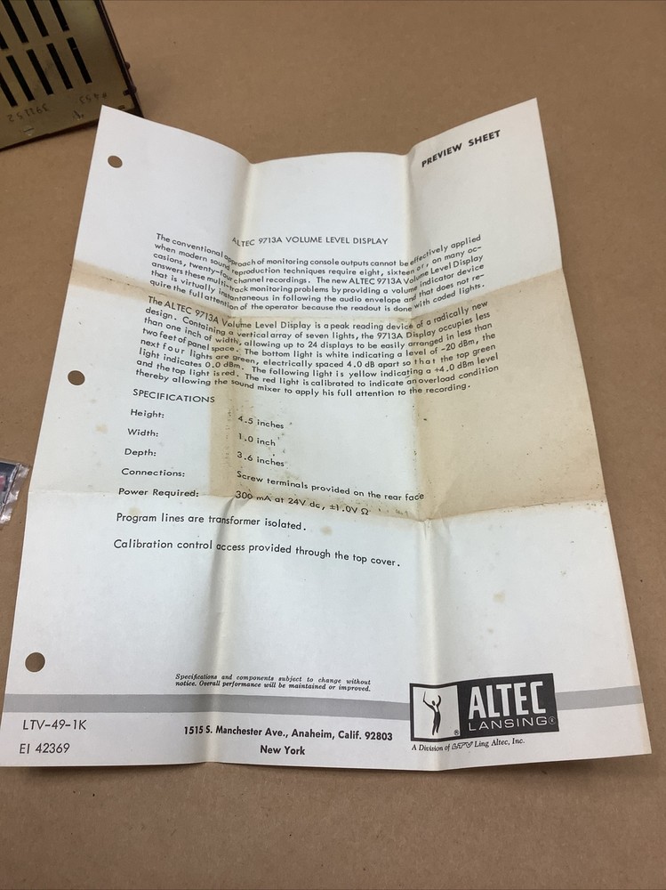 Altec 9713A Volume Level Display NEW IN BOX*