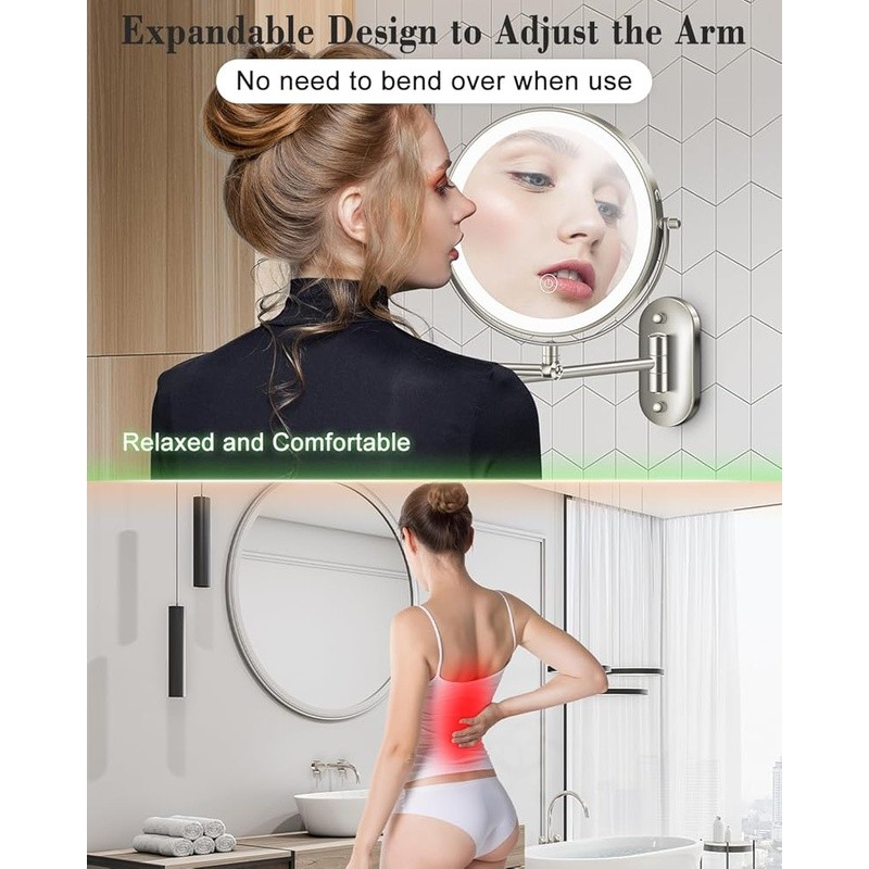 30X Magnifying Lighted Makeup Mirror Adjustable Height Cordless Metal Wall Mount