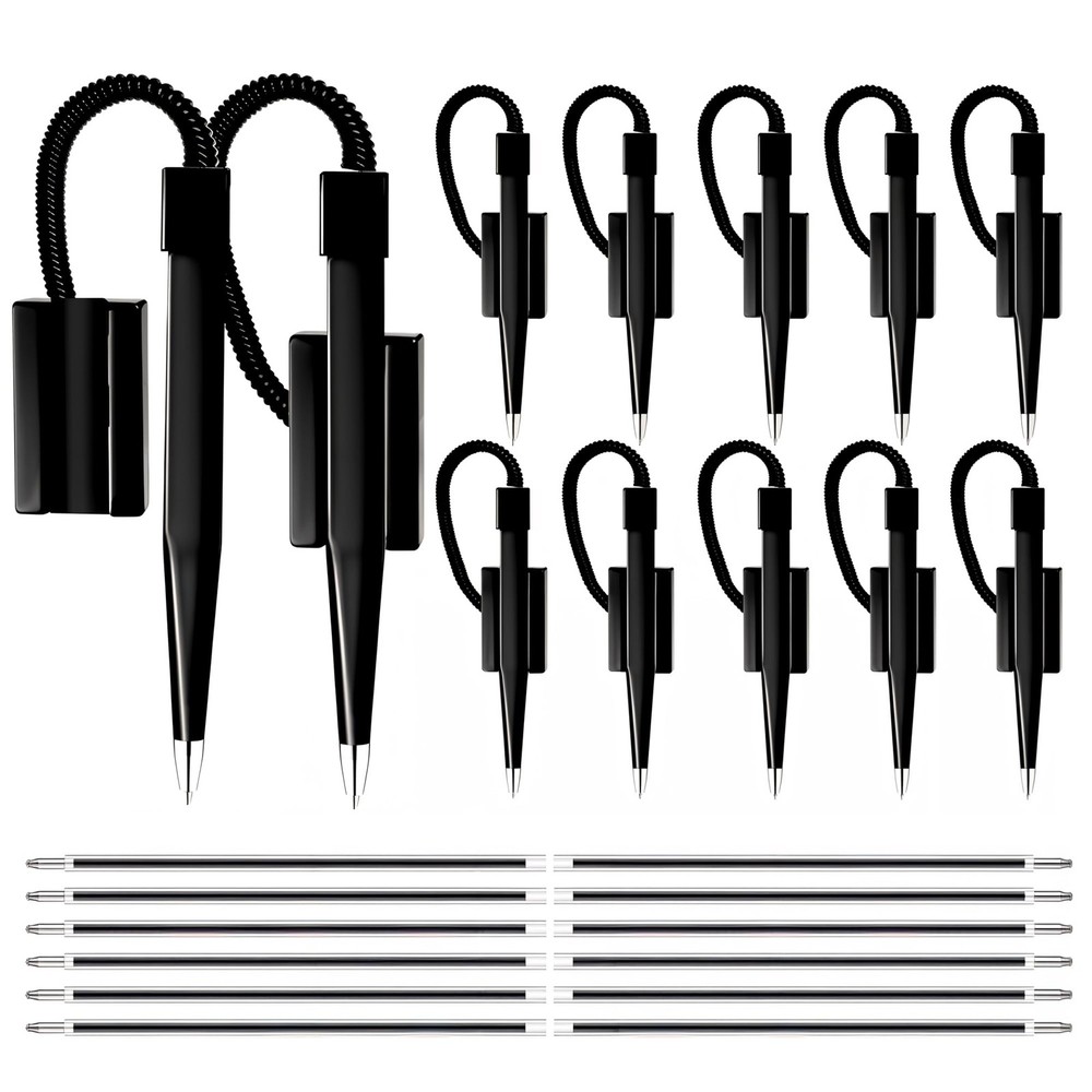 "12 Pack 5"" Secure Counter Pens Black with Cord & Base Includes 12 Refills"
