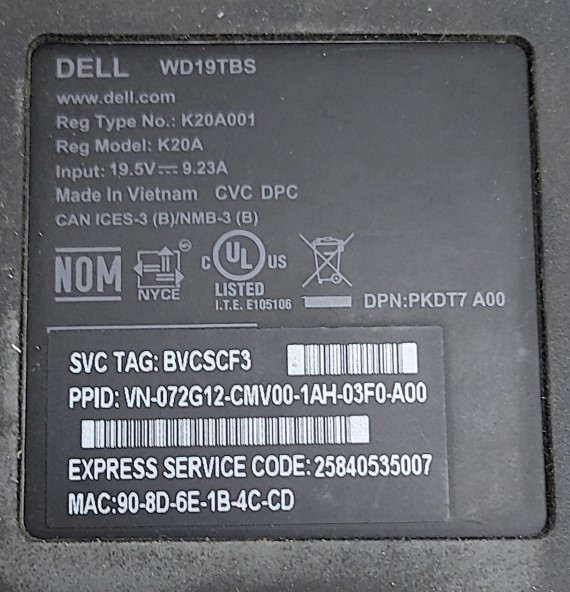 DELL K20A WD19TBS Port Replicator