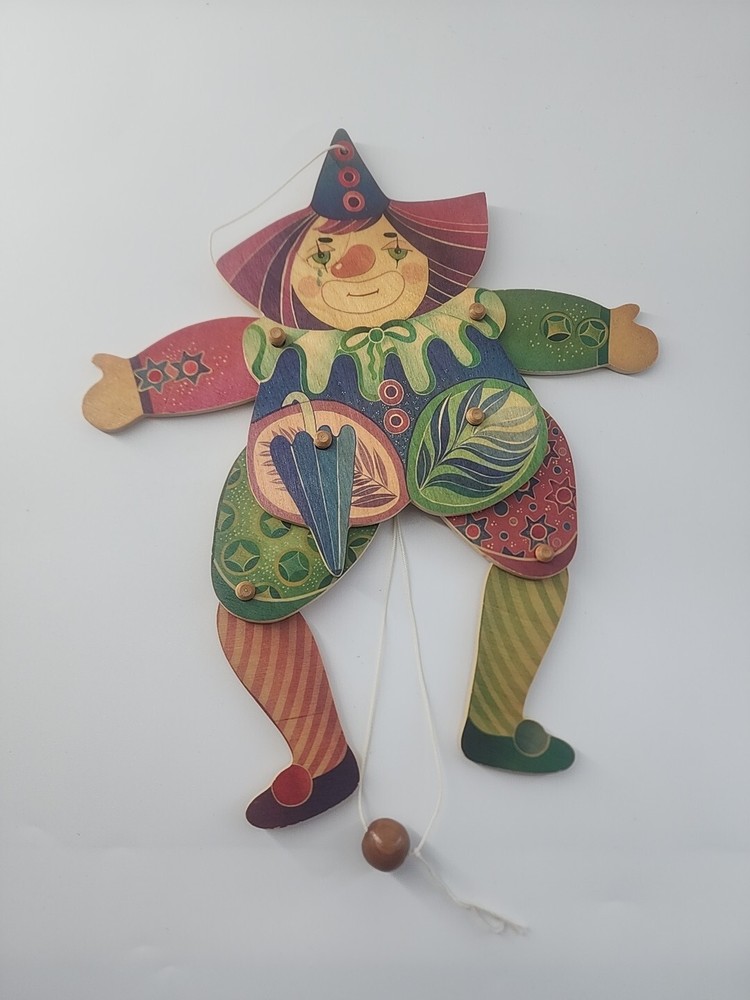 Sevi Clown Puppet Pull String Wooden Wall Hanger Italy