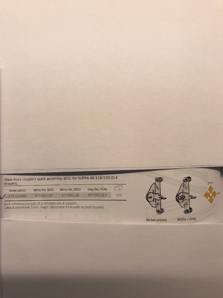 (1) Pair Indaux SUPRA QUICK ASSEMBLY Drawer Front Fixing Brackets D-4