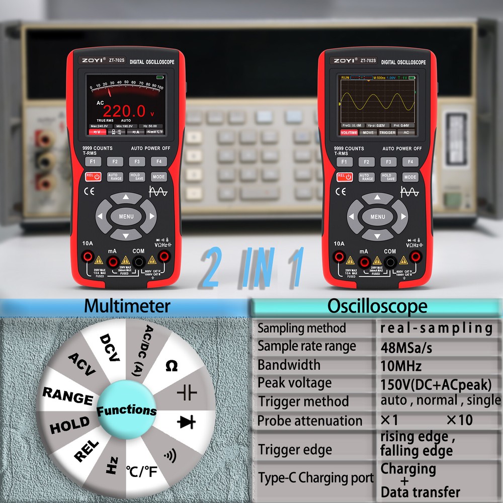 Handheld 2 in 1 Oscilloscope Multimeter Capacitance Resistance Tester Waveform