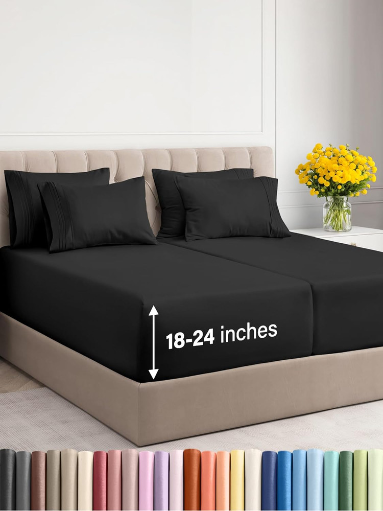 Cooling Extra Deep Split King Sheet Set - 7 Piece Luxury Bedding - Black