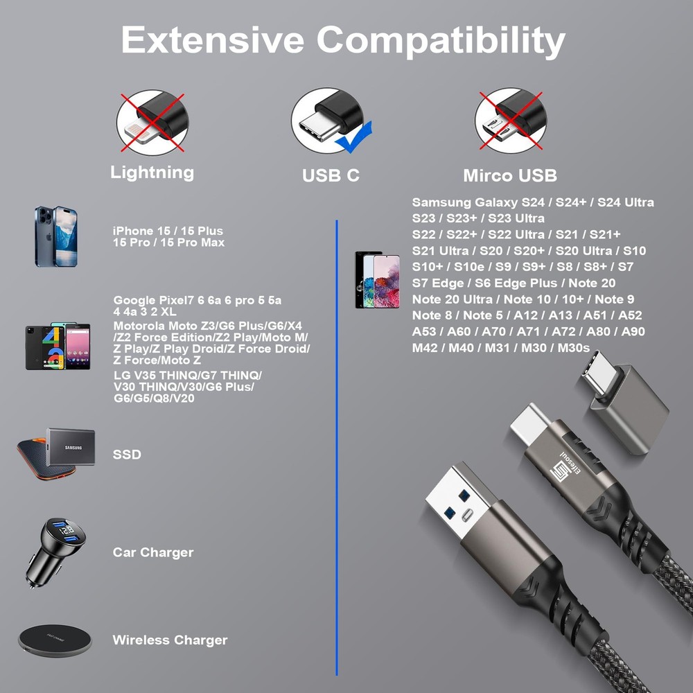 USB C Cable 10ft, USB-A to USB-C 3.1 3.2 Black(1-Pack)