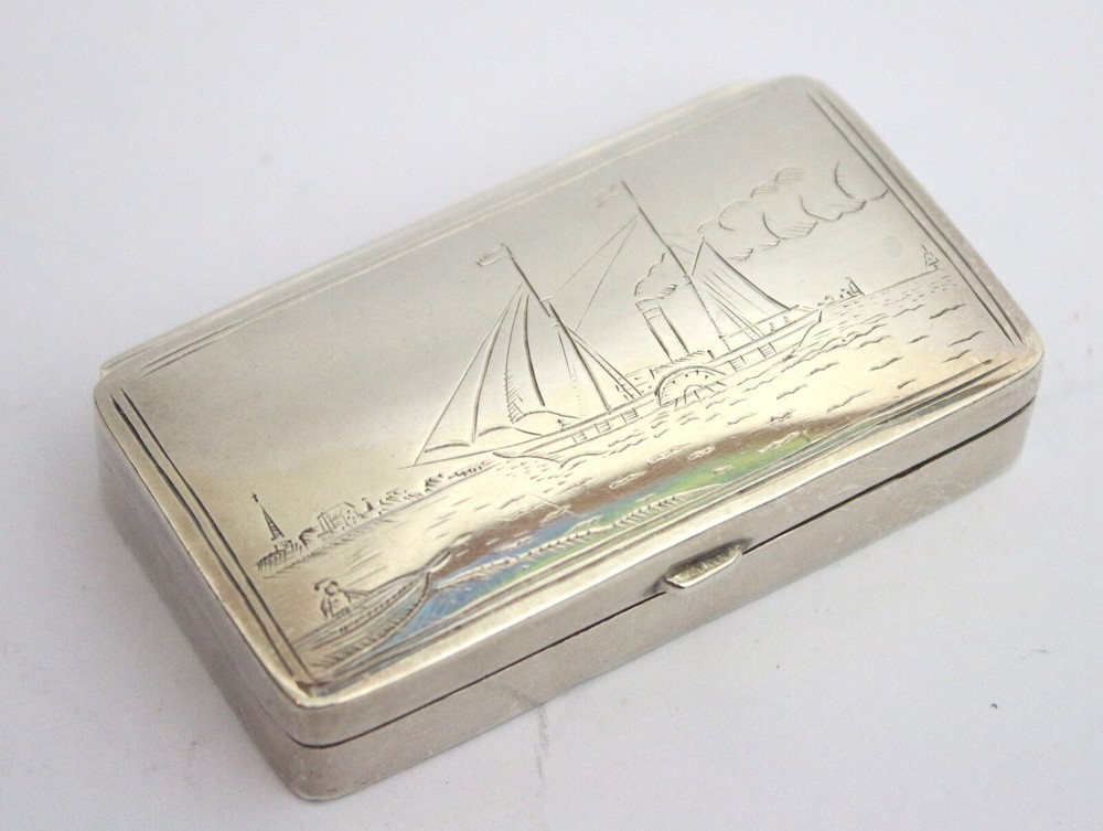 Sterling solid silver stamp box with paddle steamer engraving Elizabeth II