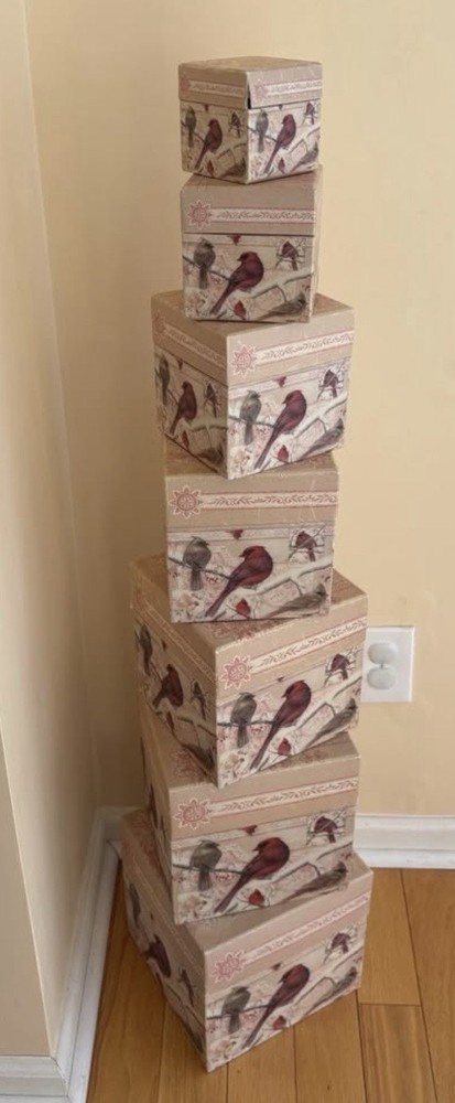 vintage stackable Bobs Boxes, Winters tapestry/Cardinal birds 3 Boxes