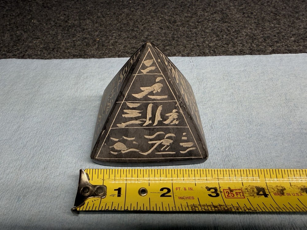 Vintage Egyptian Basalt Pyramid Hieroglyph Solid Stone Hand Carved
