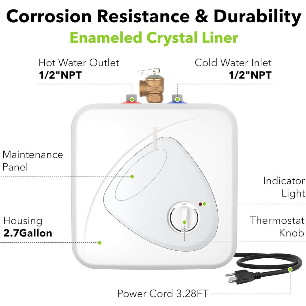 BN-LINK 2.7 Gallon Small Under Sink Instant Hot Water Heater, White - Durable