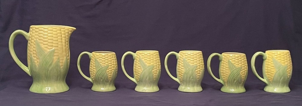 Corn Cob Ear Pitcher & Matching Mugs, Ceramic Pottery. Preowned Good Condition