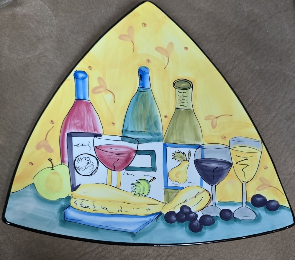 10½" HausenWare Ceramic Triangle Platter Cheese & Wine Painted Design