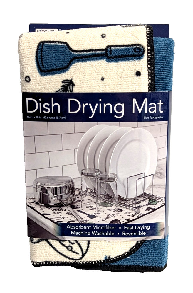 Kitchen Basics Teal Blue Typography Dish Drying Mat Utensils Print Reversible
